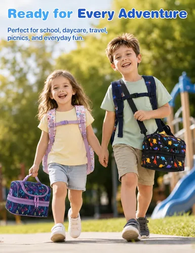 Vista 7 de VASCHY - Lonchera para niños, bolsas de almuerzo aisladas de dos compartimentos para niños y niñas con correa para el hombro para la escuela
