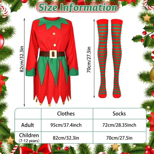 Vista 3 de Conjunto de disfraz de elfo de Navidad para mujeres y niñas, incluye sombrero de elfo, vestido de Papá Noel, medias a rayas, cinturones para adultos
