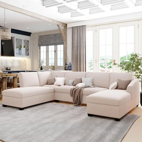 Vista 15 de Sofá tapizado de estilo moderno en forma de L con 2 almohadas, sofá de felpilla de lujo, ideal para sala de estar u oficina (beige #chenilla)