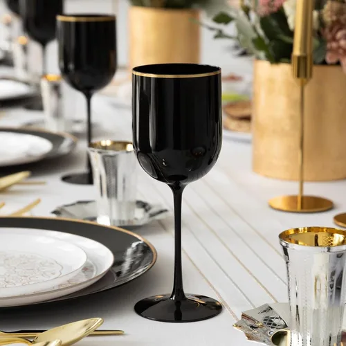 Vista 3 de EcoQuality Copas de vino de plástico negro con borde dorado, copas de vino de 12 onzas con tallo, copas de vino desechables inastillables