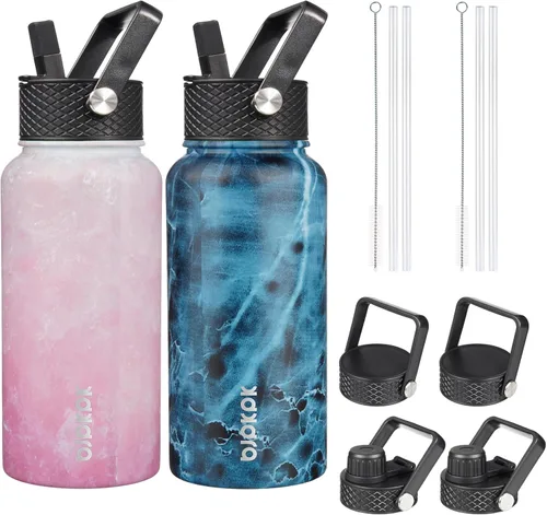 Vista 11 de BJPKPK Paquete de 2 botellas de agua aisladas con tapas con pajita, botella de agua de metal de acero inoxidable de 18oz con 6 tapas, jarras a