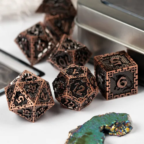 Vista 4 de UDIXI Juego de dados de metal de 7 troqueles, juego de dados poliédricos DND para juegos de rol y otros juegos de mesa (cobre antiguo)