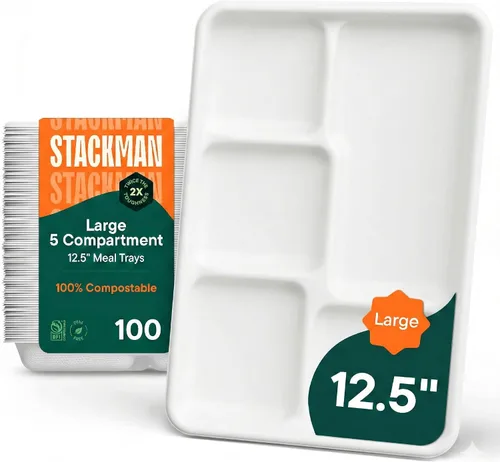 Vista 10 de Plato de papel 100% compostable, paquete de 125 unidades bandeja de 5 compartimientos desechable de calidad resistente, ecológica hecha de fibras