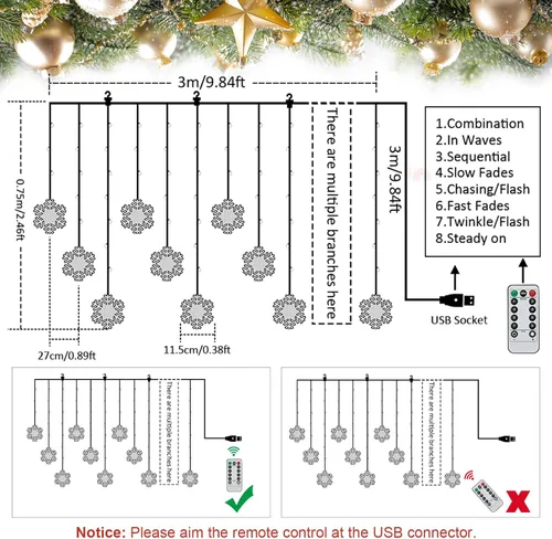 Vista 5 de BLOOMWIN Luces de ventana de decoración de Navidad de 10 pies, 12 copos de nieve, luces de carámbano, luces USB de cortina de Navidad