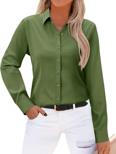 Vista 6 de Gleeivy - Camisas abotonadas para mujer, sin arrugas, de manga larga, camisas de vestir casuales con cuello V, ajustadas, de un solo
