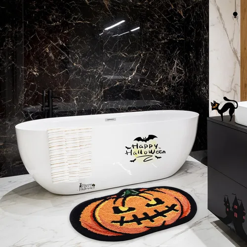 Vista 6 de Alfombra de baño de calabaza de Halloween de 20 x 32 pulgadas, suave y absorbente, alfombra de baño de otoño, antideslizante, lavable, decoración