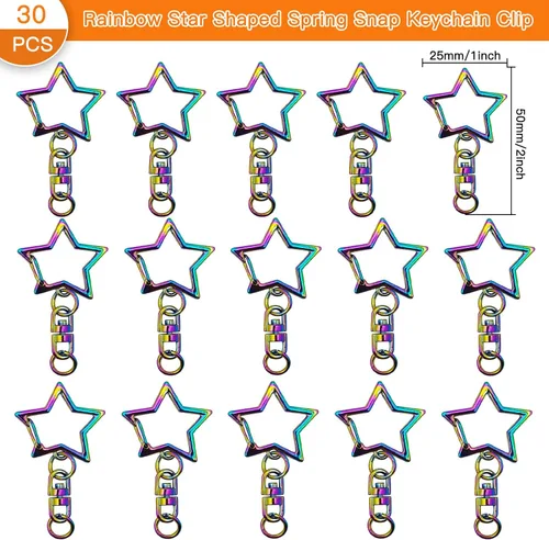 Vista 2 de 30 piezas de clip de llavero con resorte en forma de estrella, cierre giratorio de metal con hebilla colgante de cadena con conector de anillo