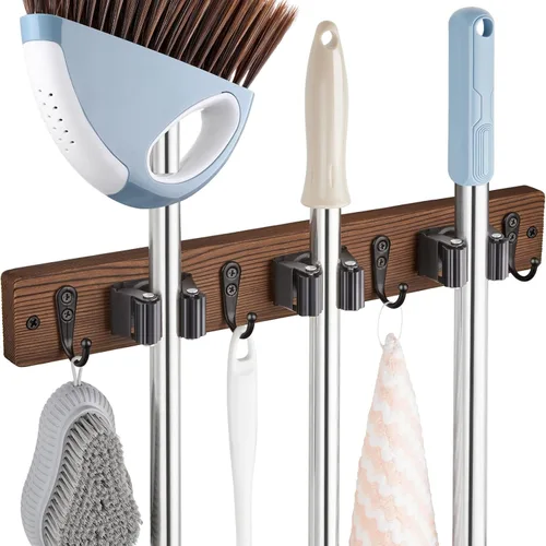 Vista 9 de Paquete de 2 Soportes Negros para Escoba y Trapeador de Montaje en Pared - Colgador de Escoba y Trapeador de Madera - Organizador de Estante