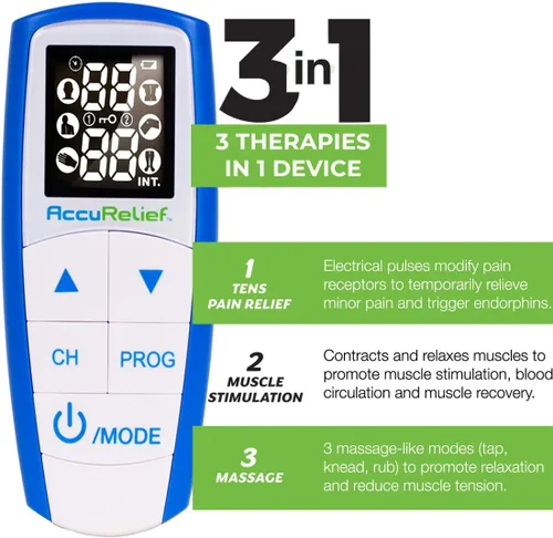 Vista 7 de AccuRelief Unidad TENS 3 en 1, EMS, dispositivo masajeador – Estimulador muscular eléctrico para aliviar el dolor con 4 electrodos para cuello