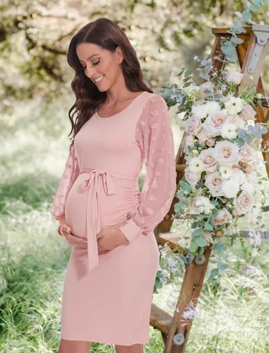 Vista 2 de Vestido de maternidad de manga transparente de malla de lunares suizos, vestidos formales de baby shower, vestido ajustado para embarazo, fruncido