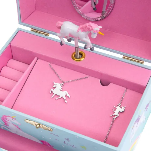 Vista 3 de Jewelkeeper Caja de música de unicornio y juego de joyas para niñas pequeñas, 3 regalos de unicornio para niñas, joyero para niñas