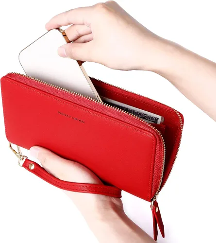 Vista 6 de GEEAD Billeteras para mujer de gran capacidad de piel sintética para tarjetas de crédito, Rojo