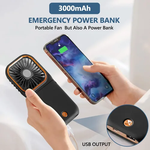 Vista 3 de Ventilador de mano portátil con soporte para teléfono, fuente de alimentación de 3000 mAh, ventilador de cuello recargable USB, ventilador pequeño