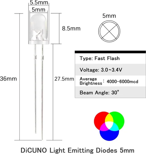 Vista 2 de DiCUNO 100 piezas de diodo LED de parpadeo rápido RGB multicolor de 0.197 in, diodos emisores de luz cambiantes intermitentes multicolor, 2 pines