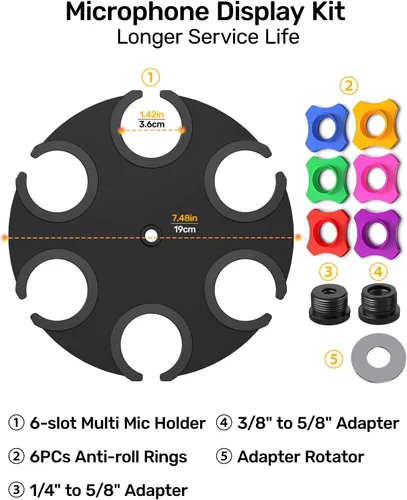 Vista 7 de Soporte para múltiples micrófonos de hasta 6 micrófonos (acolchado de aluminio/goma) para micrófonos dinámicos, con cable e inalámbricos