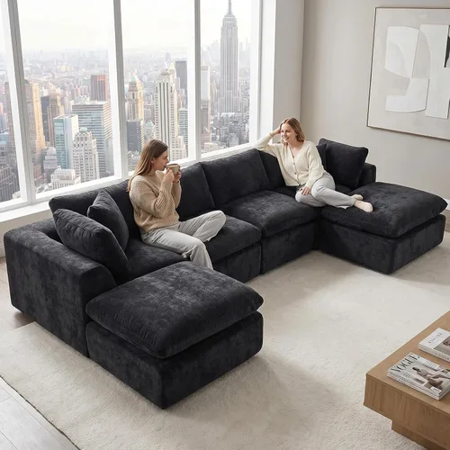 Vista 14 de Sofás de nube beige para sala de estar, sofá deshuesado de 4 plazas, sofá modular seccional, no requiere montaje, tapizado de chenilla, moderno