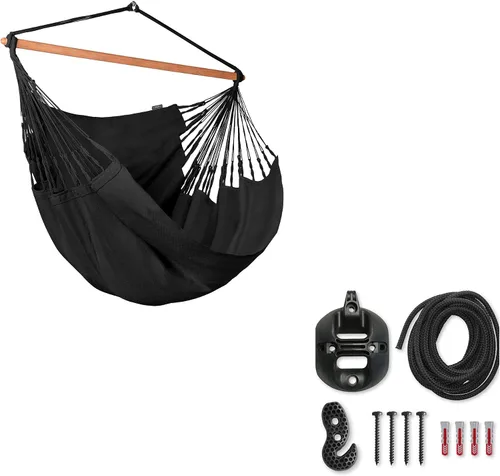 Vista 19 de LA SIESTA® - Silla Hamaca Grande y Cómoda de Algodón Habana & CasaMount - Silla Colgante con Kit de Suspensión para Paredes, Techos y Vigas Café