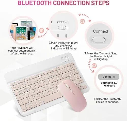 Vista 7 de Paquete de 2 teclados y mouse Bluetooth Combo de teclado inalámbrico portátil recargable para Apple iPad, iPhone, iOS 13 y superiores, Samsung, Rosa