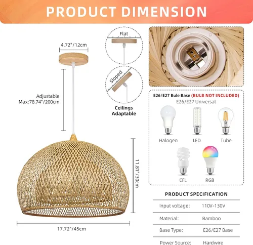 Vista 5 de Arturesthome Lámpara colgante de bambú para isla de cocina, lámpara de araña de mimbre de 17.6 pulgadas, pantalla de techo colgante tejida a mano