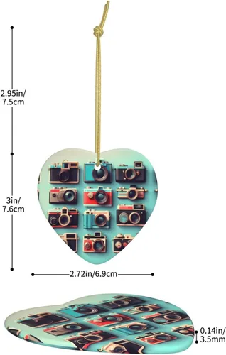 Vista 4 de Retro Cool Camera Collection Print Christmas Tree Ceramic Heart Shape Hanging Ornament, Christmas Home/Mall Decor