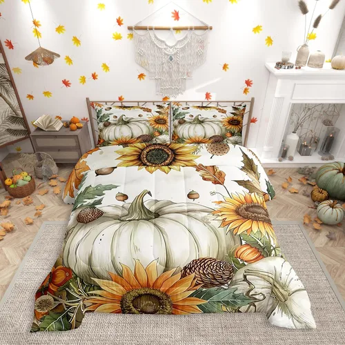 Vista 9 de Erosebridal Juego de edredón individual de pavo de Acción de Gracias, juego de ropa de cama de calabaza con hojas de otoño para niños y adultos
