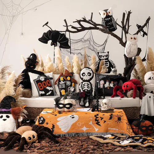 Vista 6 de Phantoscope Fundas de almohada decorativas de pana a rayas, fundas de almohada decorativas de Halloween con bordado hecho a mano, de esqueleto