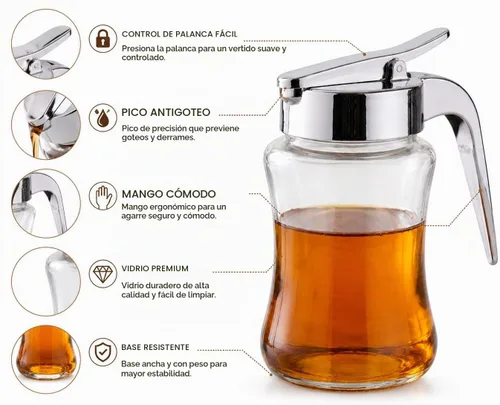Vista 3 de J&M Design Botella dispensadora de jarabe de vidrio para jarabe de arce, tarro dispensador de azúcar con asa para panqueques, café, cuenco