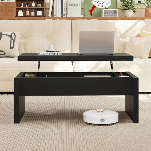 Vista 3 de Mesa de Centro Pequeña con Tapa Elevable, Mesa de Centro Rectangular de Madera con Tapa Elevable y Compartimento de Almacenamiento Oculto, Mesas