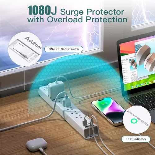 Vista 5 de Addtam Regleta protectora contra sobretensiones – Cable de extensión corto de 2 pies con 6 tomas de corriente y 4 puertos USB (2 USB C), montaje