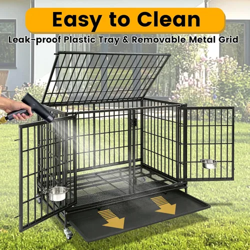 Vista 7 de Jaula resistente de 43 pulgadas para perros con divisor, jaula indestructible a prueba de escapes, jaula grande para perros en interiores, cuencos