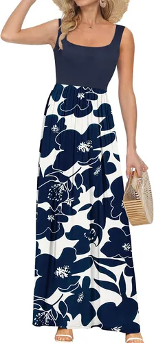 Vista 21 de AUSELILY Vestido largo con cuello cuadrado para mujer, sin mangas, floral, holgado, con bolsillos