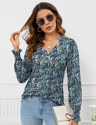 Vista 2 de Rapbin - Blusas tipo túnica con botones y cuello en V para mujer, manga larga abombada con puños con volantes, para otoño, camisetas elegantes e