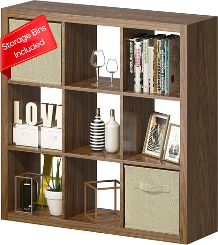 Vista 27 de Estantería con contenedor de almacenamiento, organizador de almacenamiento de 6 cubos, estantería abierta de madera moderna, estante de cubículos