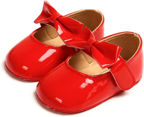 Vista 4 de myppgg Mary Jane - Zapatos planos brillantes con lazo y lazo de princesa, zapatos de cuna antideslizantes para niños pequeños que caminan