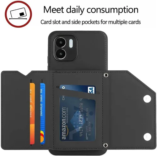 Vista 3 de Funda compatible con Xiaomi Redmi A1, soporte de piel sintética con ranura para tarjetas, compatible con Redmi A2 4G, funda 2 en 1, color negro