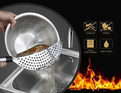 Vista 4 de AUEAR, Colador de pasta de mano de acero inoxidable para diferentes herramientas de cocina de olla y sartén (1 paquete, con asa)