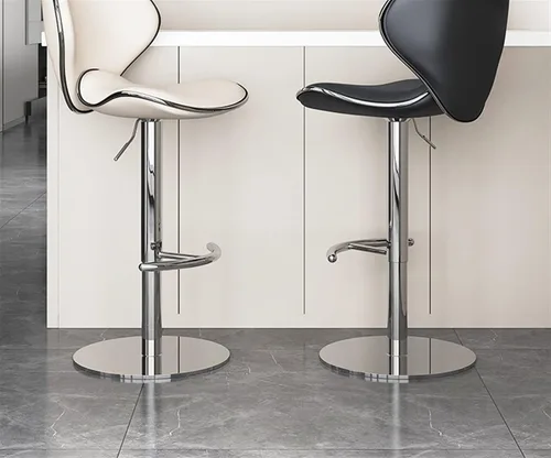 Vista 6 de Juego de 2 taburetes giratorios para mostrador de desayuno, taburete ergonómico con respaldo de barra, altura ajustable, cuero de napa cromado