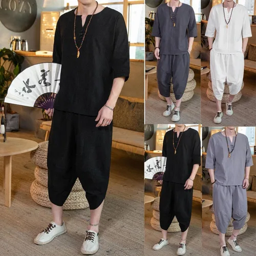 Vista 6 de Conjunto de 2 piezas de pantalones cortos de algodón y lino, conjuntos de chándal de manga corta con cuello en V y pantalones largos, ropa de playa