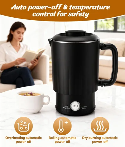Vista 5 de Hervidor eléctrico portátil de viaje, hervidor de agua pequeño de 20.3 fl oz con taza de cerámica, caldera de agua de acero inoxidable 304 con doble
