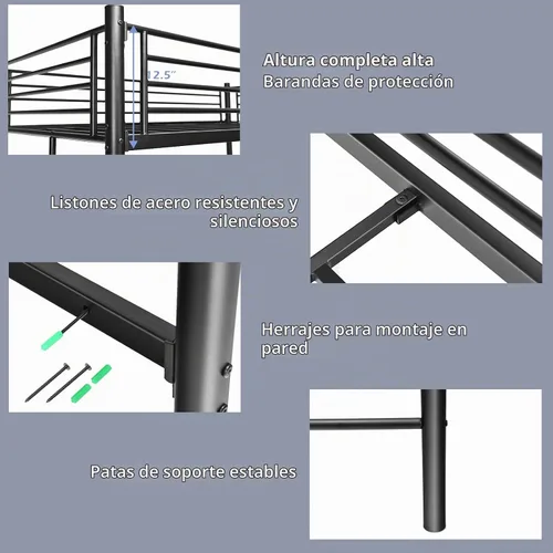 Vista 5 de GIANTEX - Cama alta de metal tamaño individual, marco de cama alta resistente con 2 escaleras, litera individual sobre loft con protector de Negro