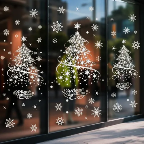 Vista 5 de Decoraciones de Navidad para ventana, calcomanías plateadas para árbol de Navidad, copo de nieve, calcomanías de doble cara, decoración de ventana