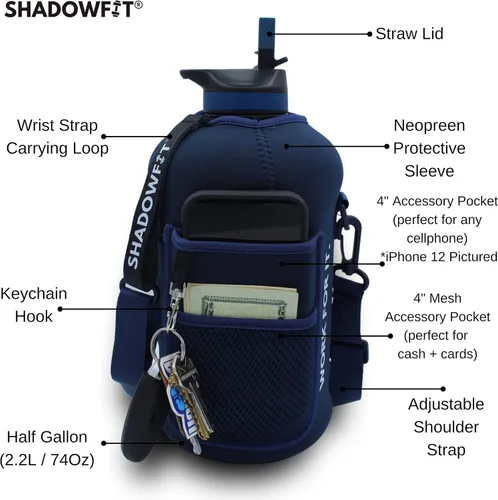 Vista 2 de Shadowfit Botellas de agua de medio galón (74 onzas, 2.2 litros) con mango de tapa de popote y funda de almacenamiento, soporte grande para jarra