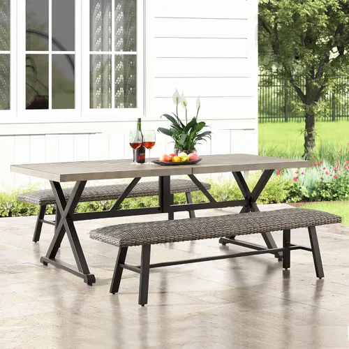 Vista 9 de Ulax furniture Mesa de comedor para patio al aire libre, mesa de comedor rectangular de 82 pulgadas con acabado similar a la madera, ideal