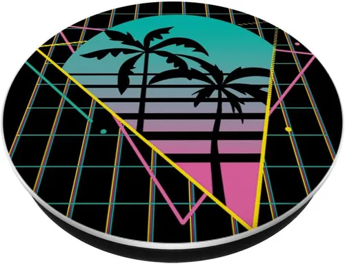 Vista 2 de PopSockets retro de los años 90 con ondas de vapor palmeras Synthwave Tropical Summer PopSockets intercambiables PopGrip