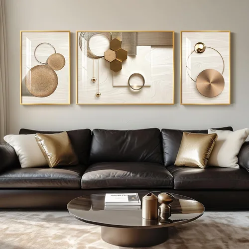 Vista 10 de Arte de pared moderno enmarcado en blanco y negro, 3 piezas de impresiones contemporáneas grandes para paredes, juego de 3 imágenes de hojas doradas