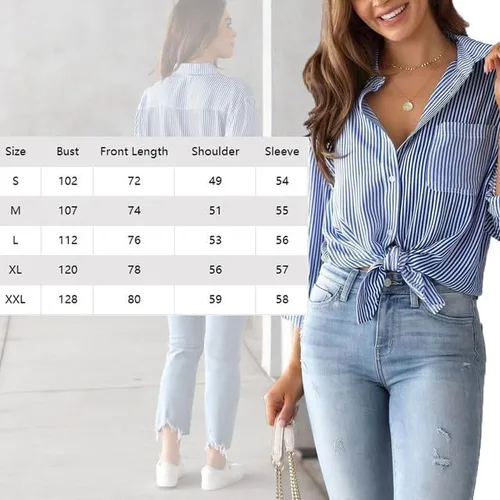 Vista 6 de Cugoodte Camisas de manga larga para mujer, con botones, a rayas, para oficina, negocios, trabajo, blusas con bolsillo