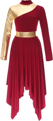Vista 29 de Vestido de mujer de alabanza litúrgica con bloques de color, sin mangas, con dobladillo irregular, de estilo lírico para danza Borgoña
