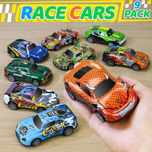 Vista 2 de Coches de carreras de metal de 4.2 pulgadas, paquete de 9 unidades, juguetes de auto para niños, niñas, niños de 2, 3, 4, 5, 6, 7 años, recuerdos
