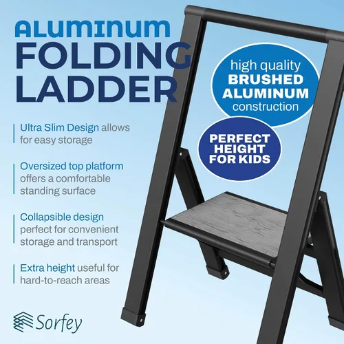 Vista 3 de Escalera de Peldaños de 1 Escalón Plegable, Decorativa - Hermosa Madera Gris y Aluminio Negro, Perfil Ultra Delgado, Peldaños Antideslizantes