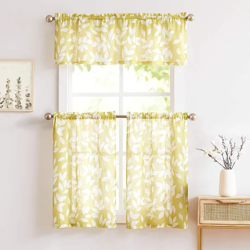 Vista 21 de Treatmentex Cortinas azules de cocina de 24 pulgadas con estampado de hojas blancas cortas para ventanas pequeñas, 2 paneles